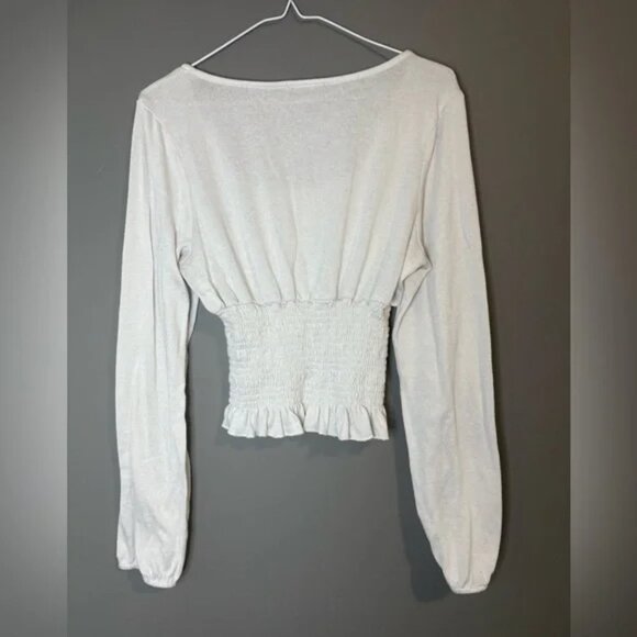 Revamped size M Women's White Smocked Top, long sleeve, ruched waist - Picture 4 of 7